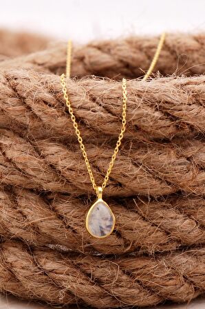 Doğal Ay Taşlı Damla Mini Altın Yaldızlı Gümüş Kolye 7759 