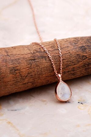 Doğal Ay Taşlı Damla Mini Rose Gümüş Kolye 7761