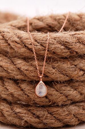 Doğal Ay Taşlı Damla Mini Rose Gümüş Kolye 7761