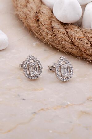 Baget Damla Rodyumlu Gümüş Küpe 5817