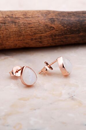 Doğal Ay Taşlı Damla Mini Rose Gümüş Küpe 5819