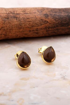 Doğal Smoky Taşlı Damla Mini Altın Yaldızlı Gümüş Küpe 5822