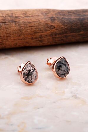 Doğal Rutil Kuvars Taşlı Damla Mini Rose Gümüş Küpe 5827