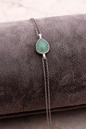 Doğal Prehnit Taşlı Damla Mini Rodyumlu Gümüş Bileklik 4132