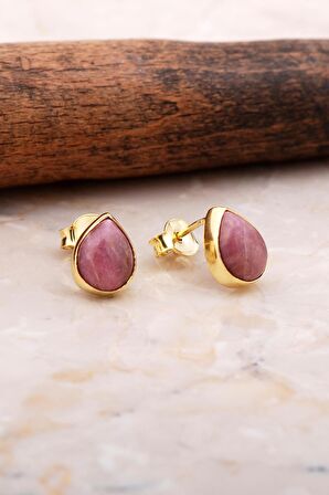 Doğal Rodonit Taşlı Damla Mini Altın Yaldızlı Gmüüş Küpe 5840