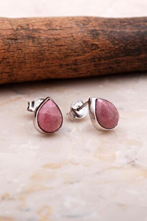 Doğal Rodonit Taşlı Damla Mini Rodyumlu Gümüş Küpe 5841