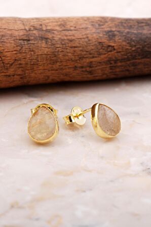 Doğal Sarı Rutil Kuvars Taşlı Damla Mini Altın Yaldızlı Gümüş Küpe 5843