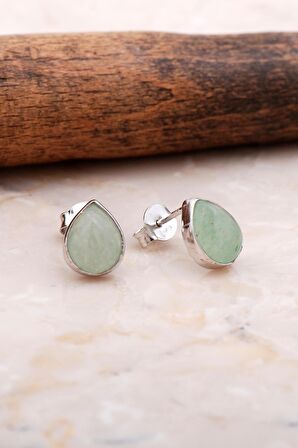 Doğal Prenhit Taşlı Damla Mini Rodyumlu Gümüş Küpe 5849