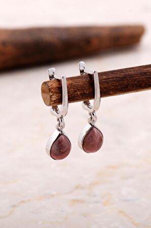 Doğal Rodonit Taşlı Damla Mini Rodyumlu Gümüş Küpe 5855