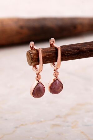 Doğal Rodonit Taşlı Damla Mini Rose Gümüş Küpe 5857