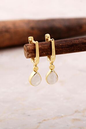 Doğal Ay Taşlı Damla Mini Altın Yaldızlı Gümüş Küpe 5865