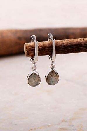 Doğal Labradorit Taşlı Damla Mini Rodyumlu Gümüş Küpe 5870