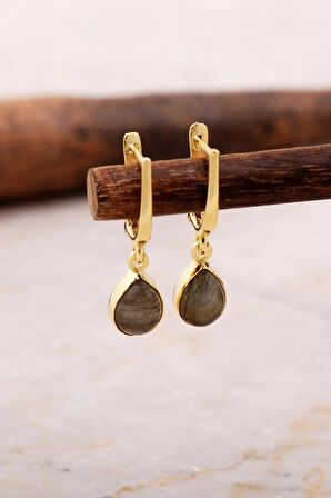 Doğal Labradorit Taşlı Damla mini Altın Yaldızlı Gümüş Küpe 5871