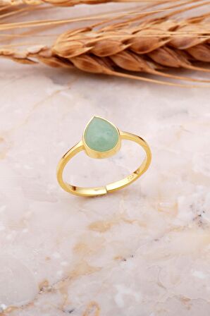 Prehnit Taşlı Damla Altın Kaplama Gümüş Yüzük 3655