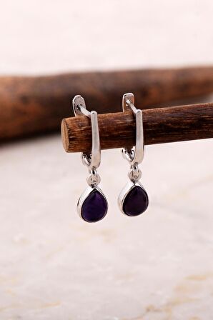 Doğal Ametist Taşlı Damla Mini Rodyumlu Gümüş Küpe 5873