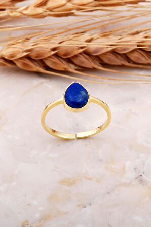 Lapis Lazuli Taşlı Damla Altın Yaldızlı Gümüş Yüzük 3674