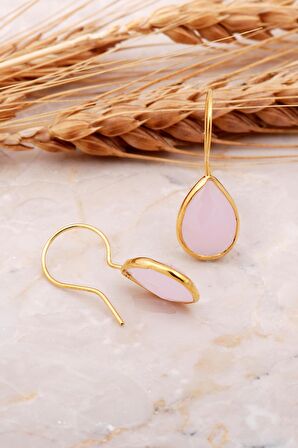Pembe Kuvars Taşlı Damla Altın Kaplama Gümüş Küpe 5886