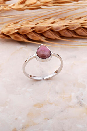 Rodonit Taşlı Damla Rodyumlu Gümüş Yüzük 3682