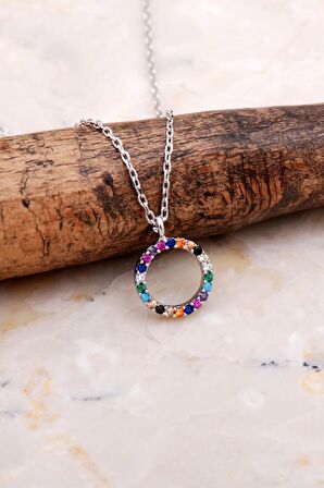 Halka Tamtur Mix Taşlı Rodyumlu Gümüş Kolye 7837