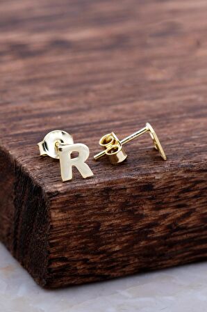 R Harfi Altın Kaplama Gümüş Küpe 5995