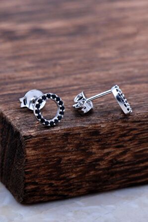 Halka Tamtur Siyah Taşlı Rodyumlu Gümüş Küpe 6027