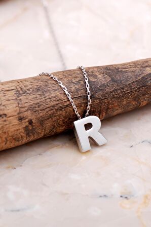 R Harfi Rodyumlu Gümüş Kolye 7895