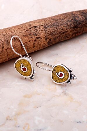 Antik Mozaik İşlemeli Sarı Kuvars Taşlı Gümüş Küpe 6071