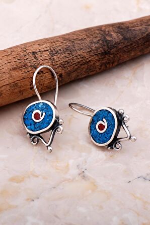 Antik Mozaik İşlemeli Turkuaz Taşlı Gümüş Küpe 6076