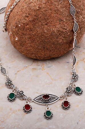 Telkari İşlemeli Elişi Kök Yakut Ve Kök Zümrüt Taşlı Tasarım Gümüş Kolye 7921