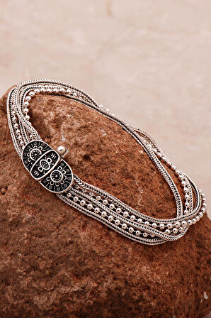 Anadolu Motifli Hasır Elişi Oksitli Tasarım Gümüş Bileklik 4310