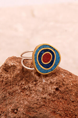 Mozaik İşlemeli Renkli Gümüş Yüzük 3730