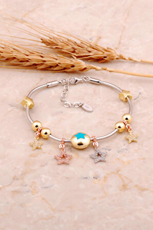 Mavi Mineli Yıldız Tasarımlı Gümüş Şans Bileklik 4498