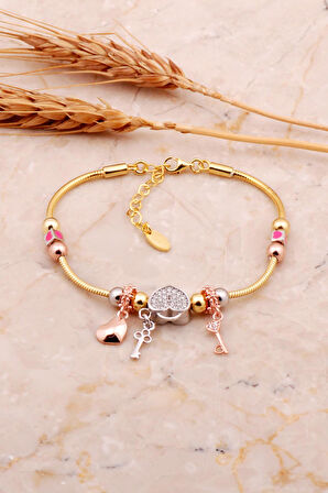 Kalp Tasarım Altın Kaplama Mineli Gümüş Şans Bileklik 4521