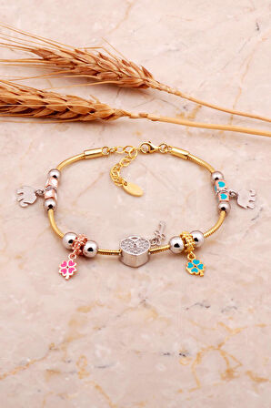 Kalp Tasarım Altın Kaplama Mineli Gümüş Şans Bileklik 4525