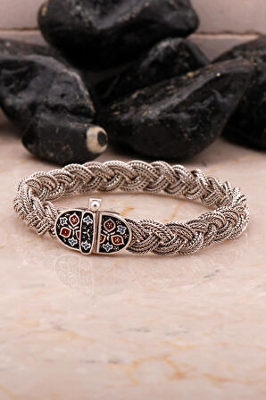 Midyat Hasır Telkari Örme Mineli Oksitli Gümüş Bileklik 4549