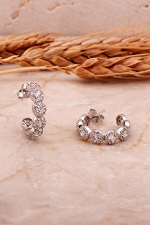 Elmas Montürlü Rodyumlu Gümüş Halka Küpe 6832