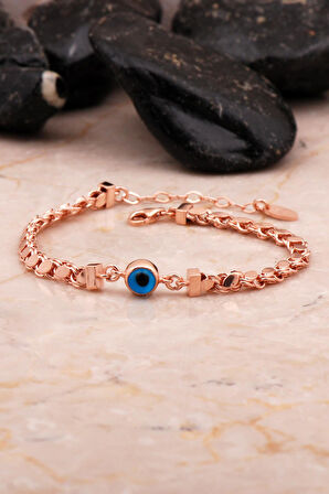 Gümüş Rose Arpa Pullu Göz Nazar Boncuklu Zincir Bileklik 4560