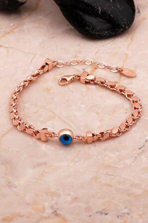 Gümüş Rose Arpa Pullu Göz Nazar Boncuklu Zincir Bileklik 4560