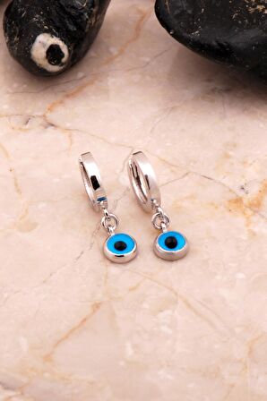 Nazar Boncuklu Rodyumlu Gümüş Halka Küpe 6883