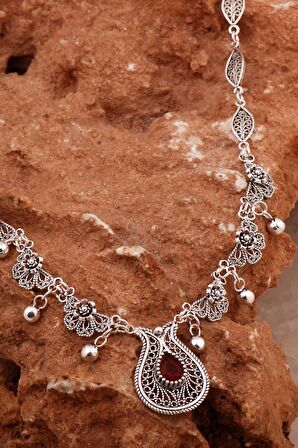 Yakut Laleli Telkari İşlemeli Gümüş Gerdanlık Kolye 8013