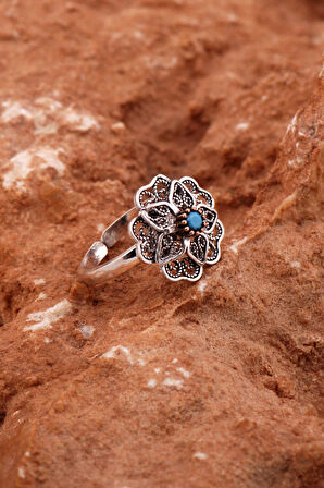Firuze Taşlı Telkari Gümüş Çiçek Yüzük 5812