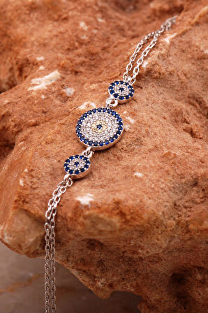 Nazar Boncuklu Üçlü Rodyumlu Gümüş Bileklik 4619