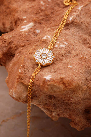 Baget Taşlı Çiçek Altın Yaldızlı Gümüş Bileklik 4625