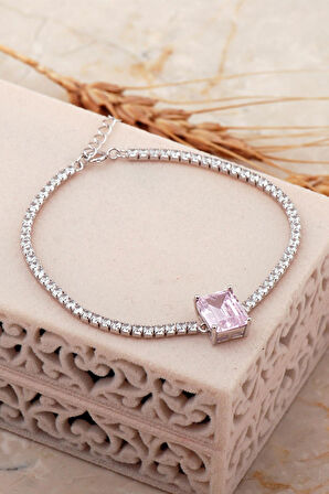 Pembe Topaz Taşlı Su Yolu Rodyumlu Gümüş Bileklik 4650