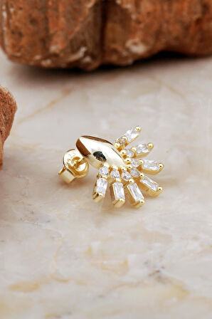 Baget Taşlı Altın Kaplama Gümüş Yelpaze Küpe 6938