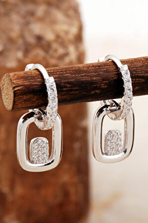 Tasarım Dikdörgen Rodyumlu Gümüş Küpe 6955