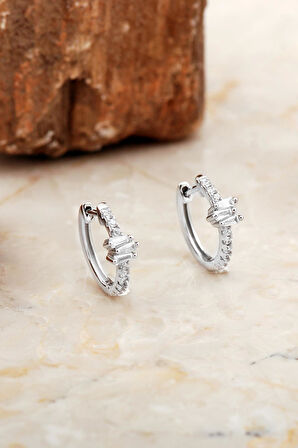 15 Mm Baget Taşlı Rodyumlu Gümüş Halka Küpe 6976