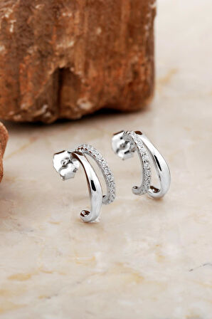 Minimal Rodyumlu Gümüş Çift Halka Küpe 6979