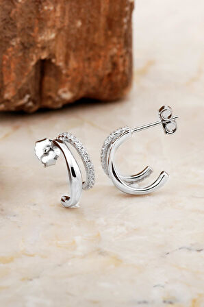 Minimal Rodyumlu Gümüş Çift Halka Küpe 6979