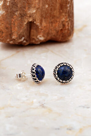 Lapis Lazuli Taşlı Mini Elişi Yuvarlak Gümüş Küpe 6994